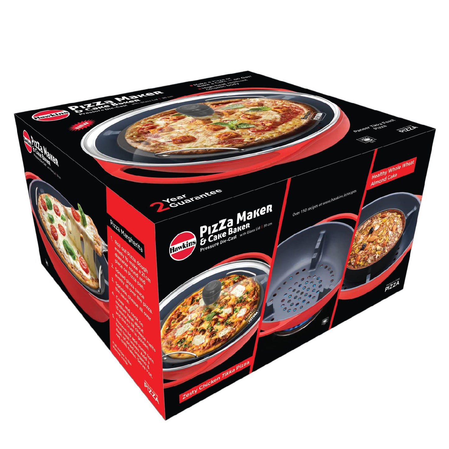 Hawkins Diecast 30cms Nonstick Pizza Maker and Cake Baker with Glass Lid, Gas Oven, Pizza Oven Toaster Griller Tandoor Barbecue, Cake Baking Pan, Red - PIZZA