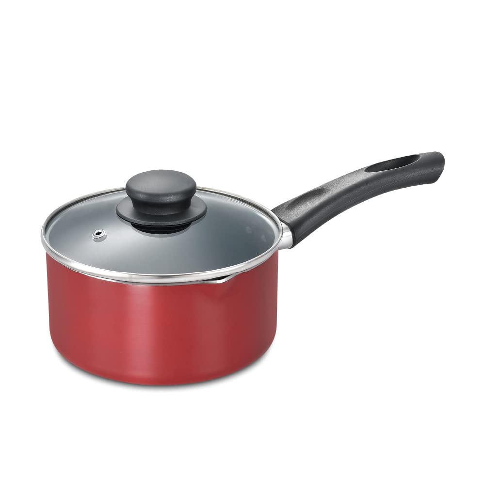Prestige Omega Deluxe Aluminium Induction Base Non-Stick Milk Pan 160mm with Glass Lid, (Red) - 36728