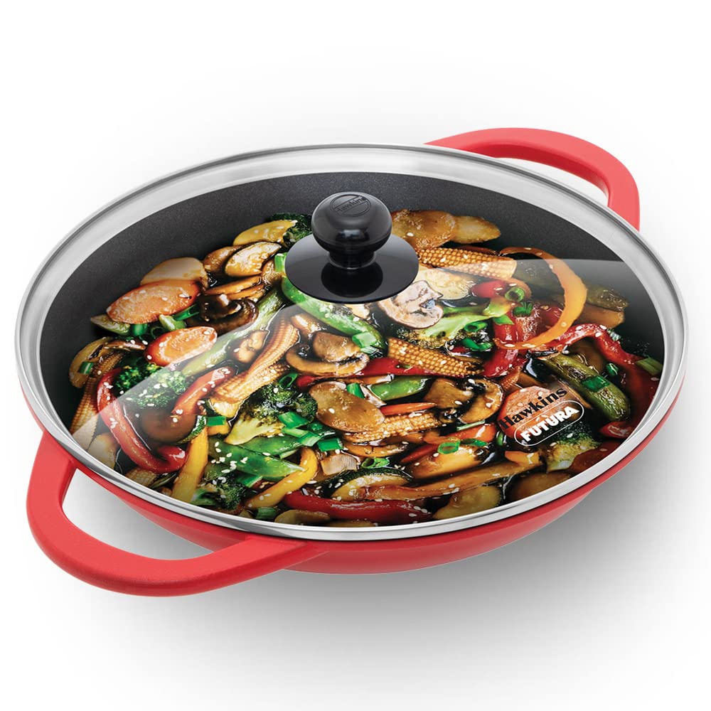 Hawkins Die-Cast Nonstick Induction Base Shallow Kadhai With Glass Lid 3 Litres - IDCSK 3G