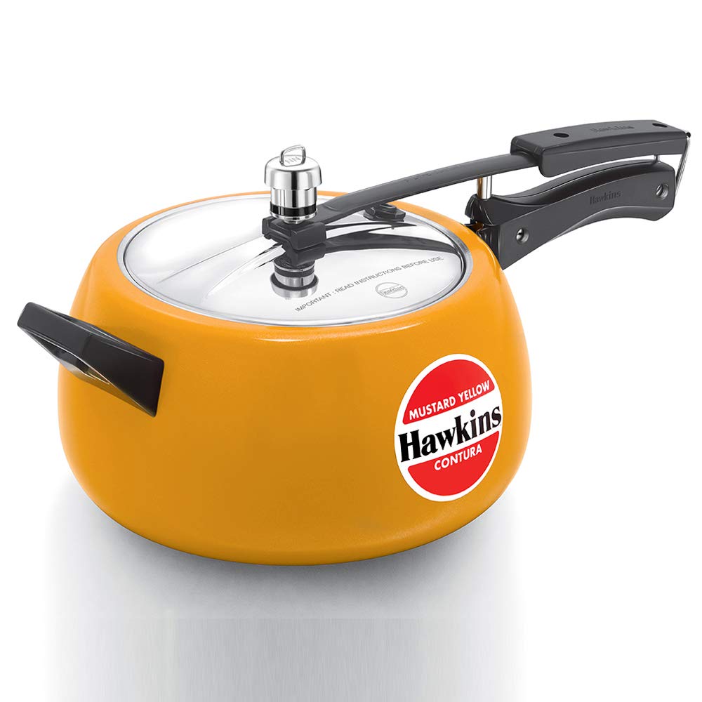 Hawkins Ceramic- Coated Contura 5 Litres Mustard Yellow Aluminium Inner Lid Pressure Cooker - CMY50