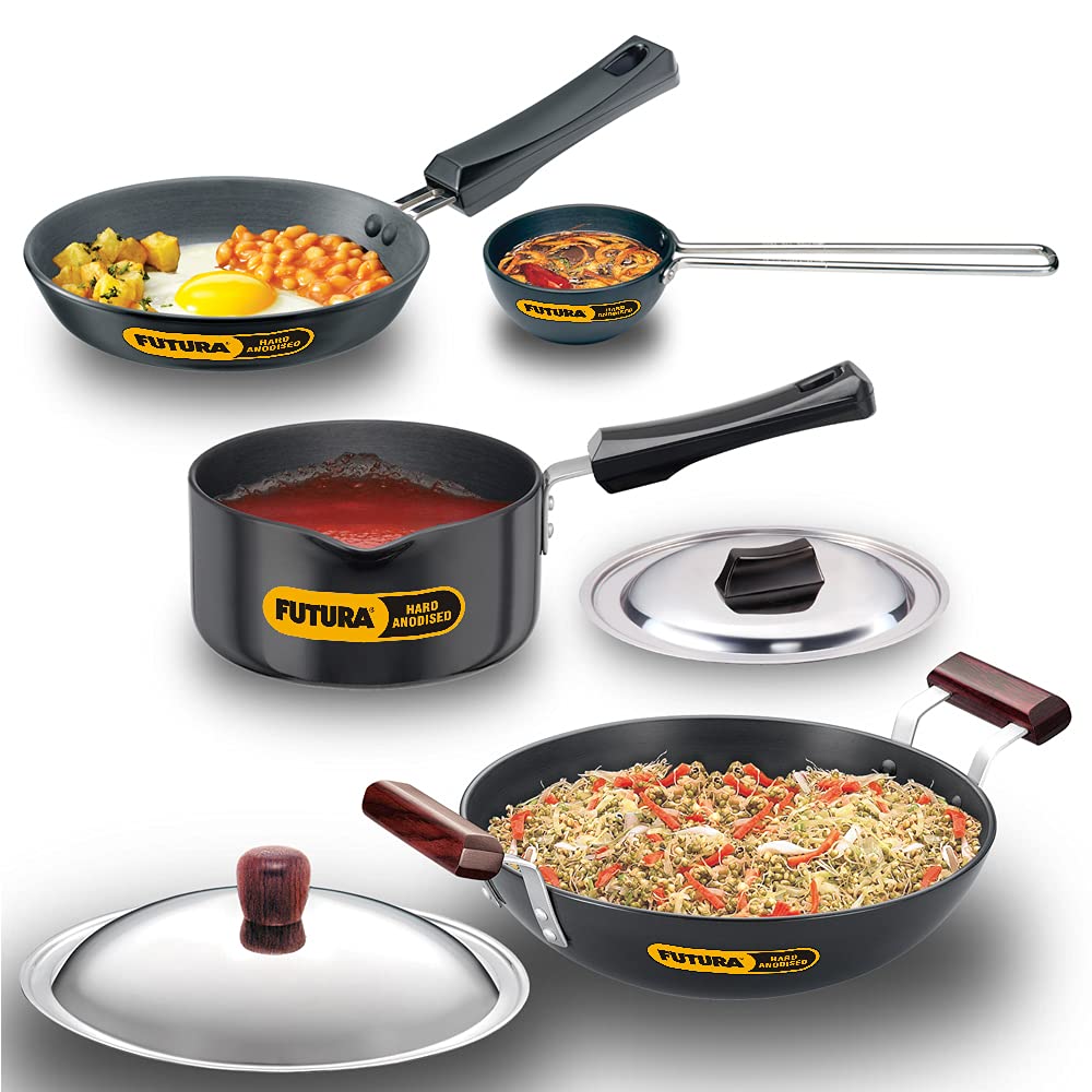 Hawkins Futura 4 Pieces Hard Anodised Cookware Set 7 - 1 Cup Tadka Pan, 18cm Fry Pan, 2.75 Litre Kadhai With SS Lid and 1.5 Litre Suace Pan With SS Lid - ASET7
