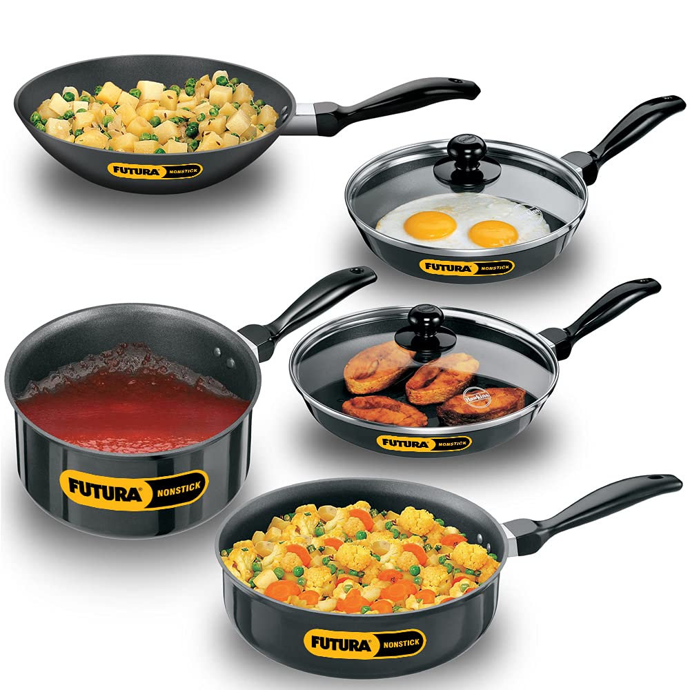 Hawkins Futura 5 Pieces Non Stick Cookware Set No. 4 - 22cm & 26cm Frying Pan With Glass Lid, 2 Litres Stir Fry Pan, 3.25 Litres Curry Pan, 3 Litres Sauce Pan - NSET4