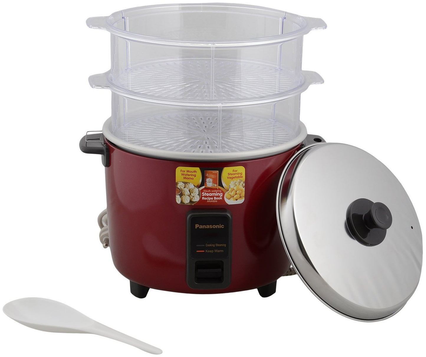 Panasonic SR-WA22H(SS) 2.2 Litre | 750 Watts Electric Rice Cooker / Food Steamer / Momo Cooker / Warmer Series With Double Basket - Metallic Burgandy