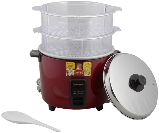 Panasonic SR-WA22H(SS) 2.2 Litre | 750 Watts Electric Rice Cooker / Food Steamer / Momo Cooker / Warmer Series With Double Basket - Metallic Burgandy