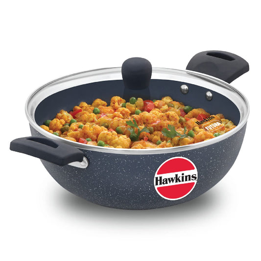 Hawkins Ceramic Nonstick 3.5 Litres Induction Base Granite Deep Kadhai With Glass Lid 26 cms- ICK35G