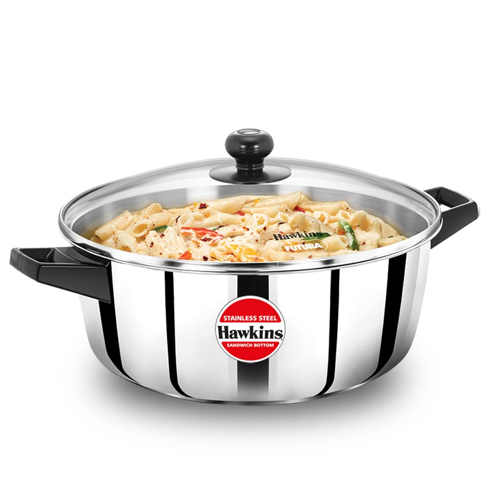 Hawkins 5 Litres Stainless Steel Sandwich Bottom Cook n Serve Casserole with Glass Lid 28cm - SSCB50G