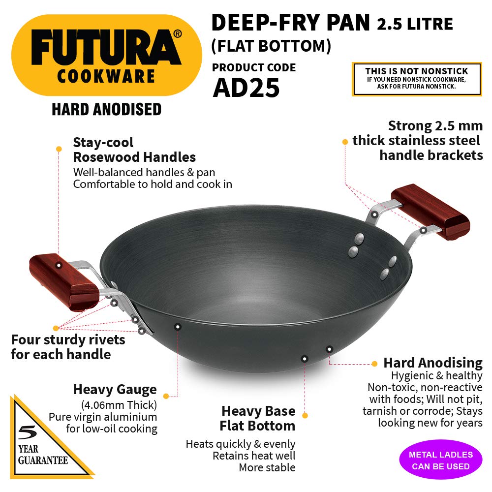 Hawkins Futura Hard Anodised Flat Bottom Deep Fry Pan 2.5 Litres | 26 cms, 4.06mm - AD 25