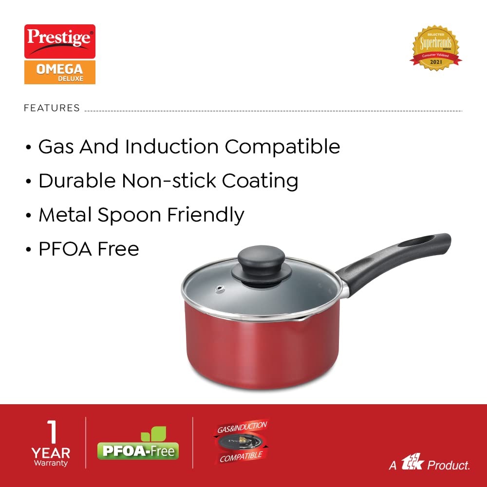 Prestige Omega Deluxe Aluminium Induction Base Non-Stick Milk Pan 160mm with Glass Lid, (Red) - 36728