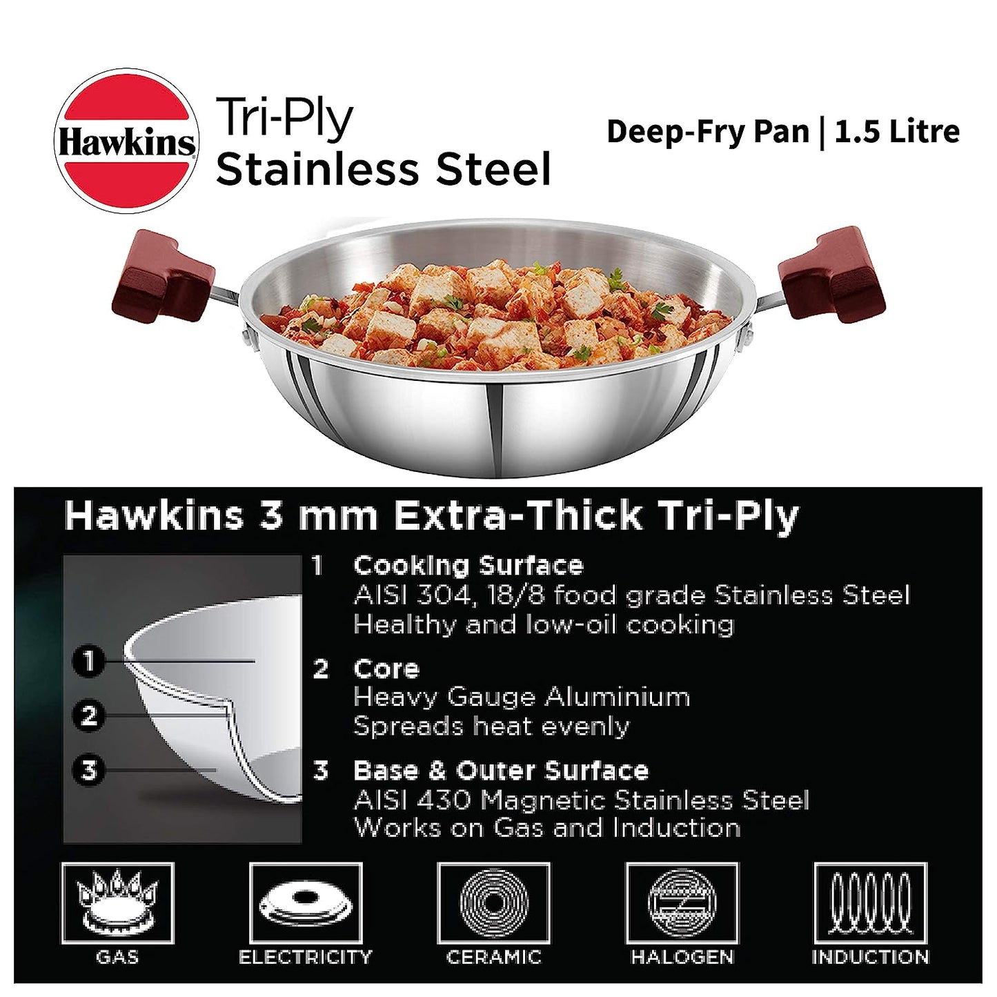 Hawkins Triply Stainless Steel Deep Fry Pan | Kadhai 1.5 Litres | 22cms, Flat Bottom Induction Base - SSD 15