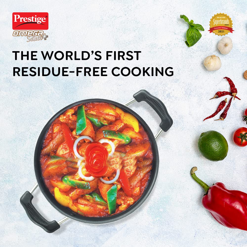 Prestige Omega Select Plus Non-Stick Aluminium Flat Base Kadhai with Lid, 20cm, 2.2 Liters - 30730