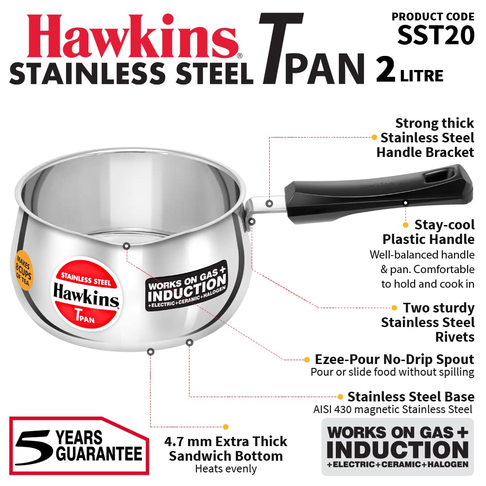 Hawkins 2 Litres Tpan, Stainless Steel Tea Pan, Induction Base Sauce Pan, Chai Pan, Small Pan - SST20