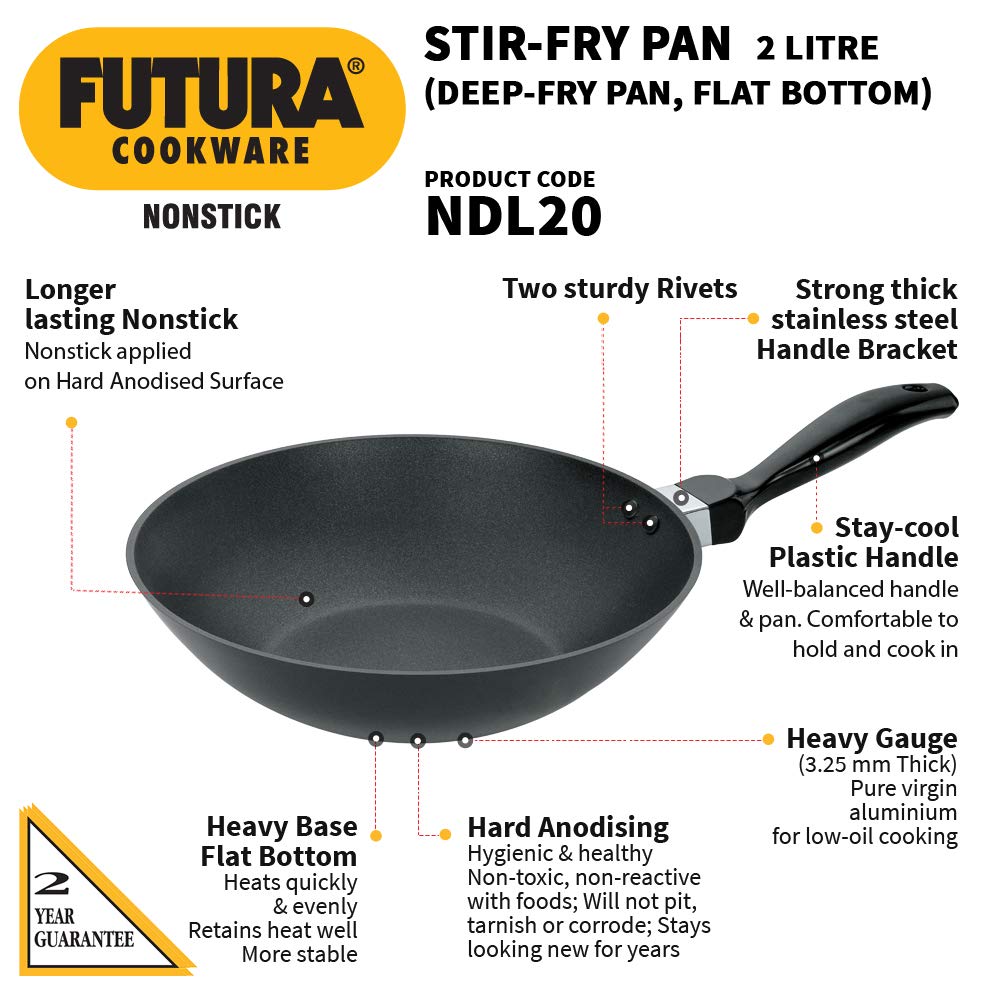 Hawkins Futura Non-stick Flat Bottom Deep Stir Fry Pan 2 Litres | 26 cms, 3.25mm - NDL 20