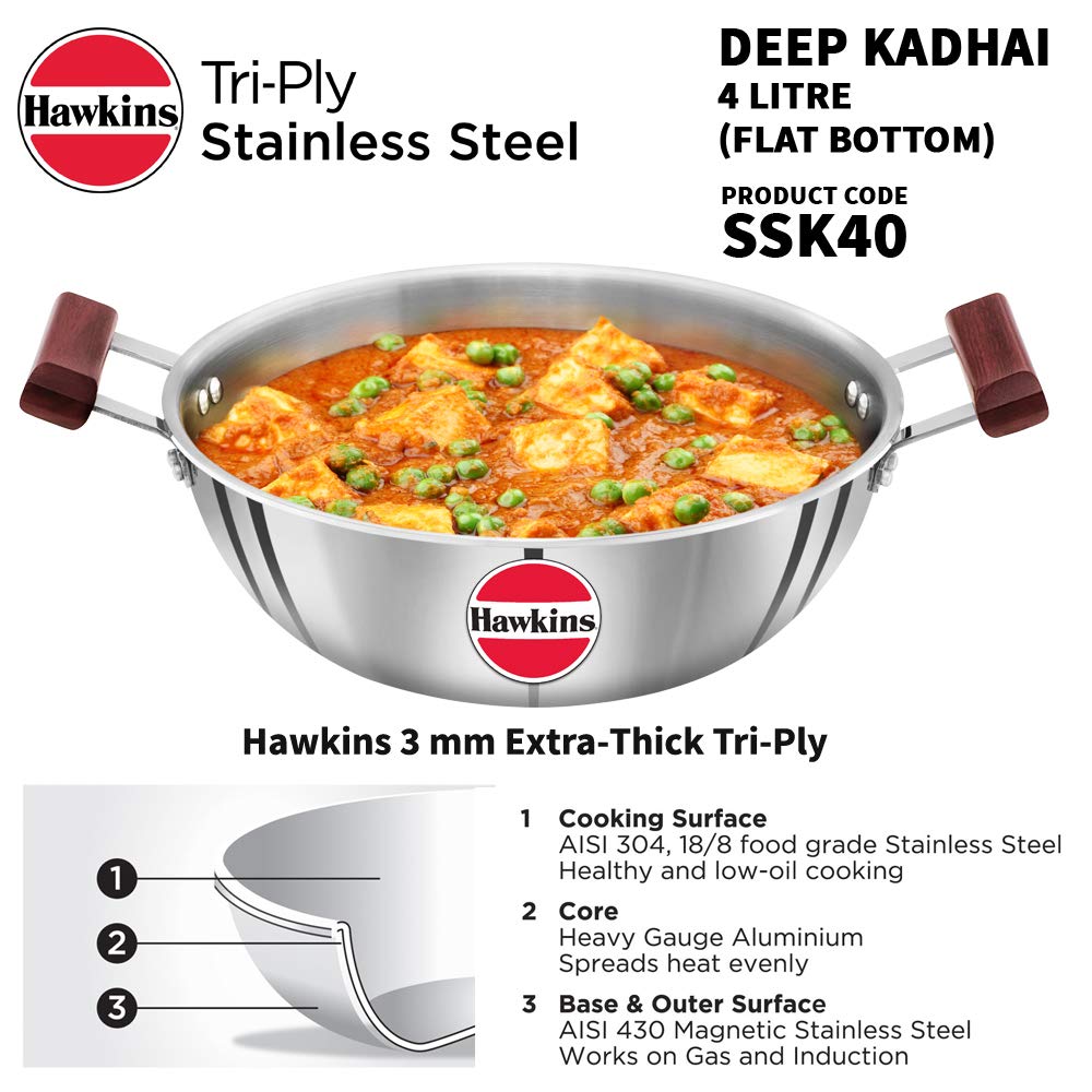 Hawkins Triply Stainless Steel Deep Kadhai 4 Litres | 28cms, Flat Bottom Induction Base - SSK 40