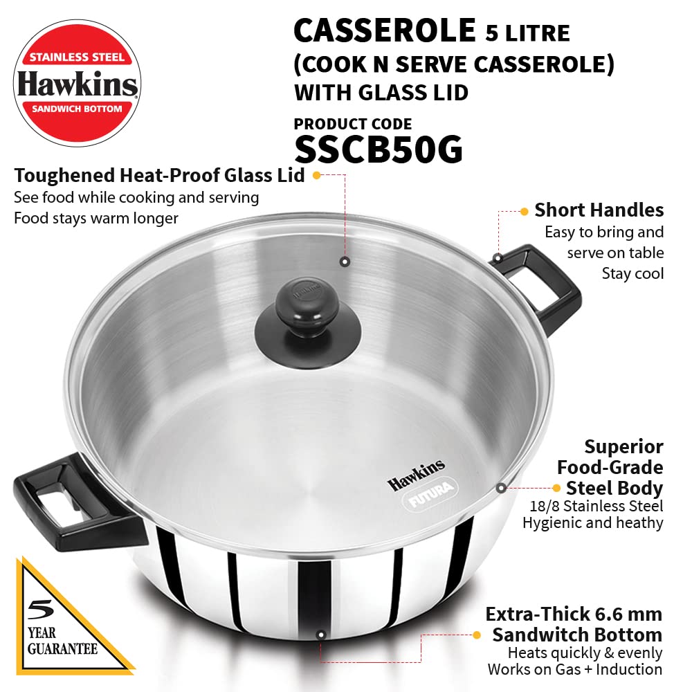 Hawkins 5 Litres Stainless Steel Sandwich Bottom Cook n Serve Casserole with Glass Lid 28cm - SSCB50G