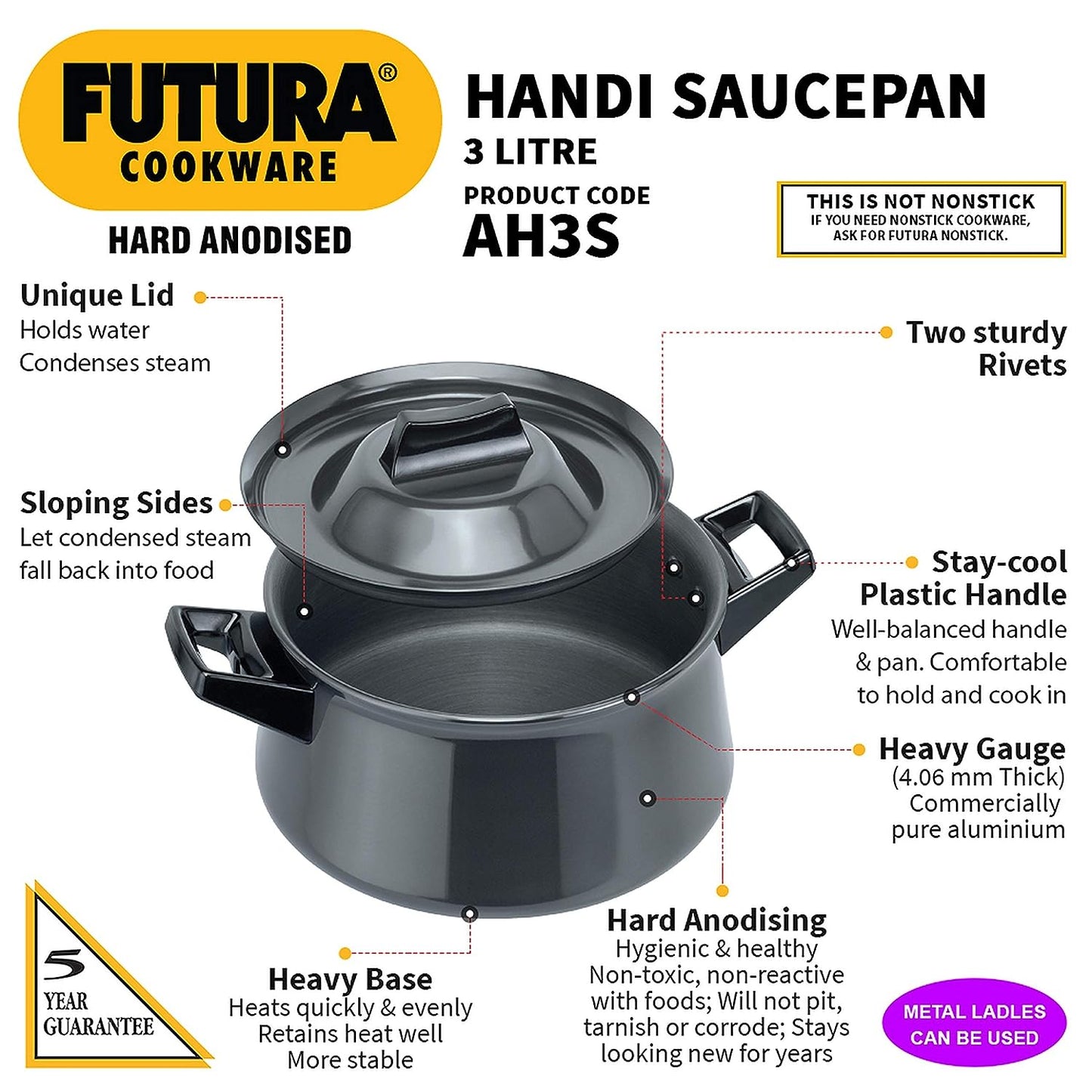 Hawkins Futura Hard Anodised Cook n Serve Handi (Sauce Pan), 2 Short Handle 3 Litres | 21cm, 4.06mm - AH 3S