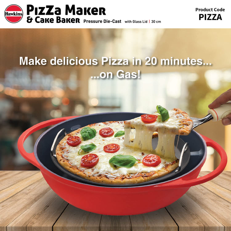 Hawkins Diecast 30cms Nonstick Pizza Maker and Cake Baker with Glass Lid, Gas Oven, Pizza Oven Toaster Griller Tandoor Barbecue, Cake Baking Pan, Red - PIZZA