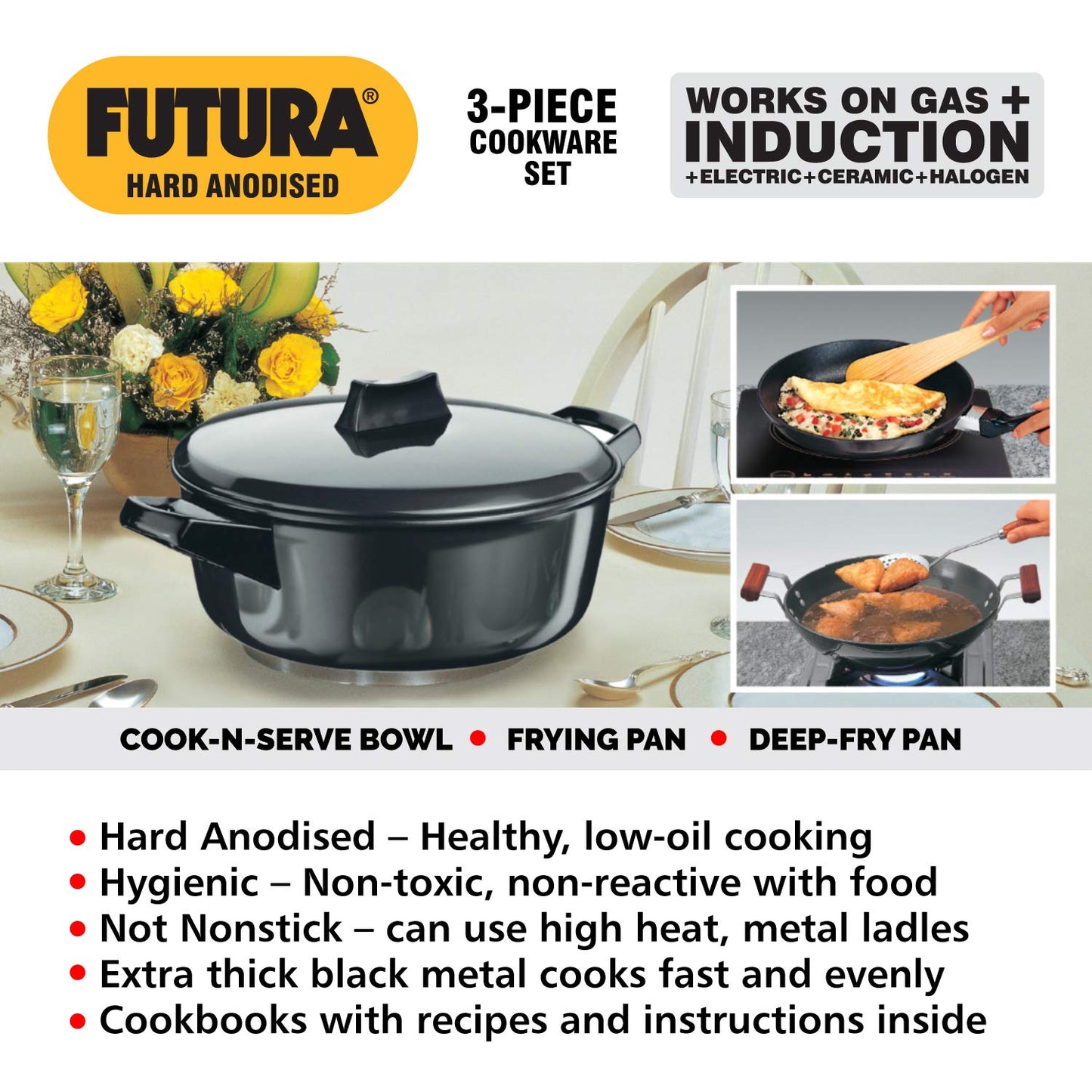 Hawkins Futura 4 Pieces Hard Anodised Induction Compatible Cookware Set 1 - 25cm Frying Pan With SS Lid, 2.5 Litres Deep Fry Pan With SS Lid and 3 Litres Cook-n-Serve Bowl with Hard Anodised Lid- IASET1