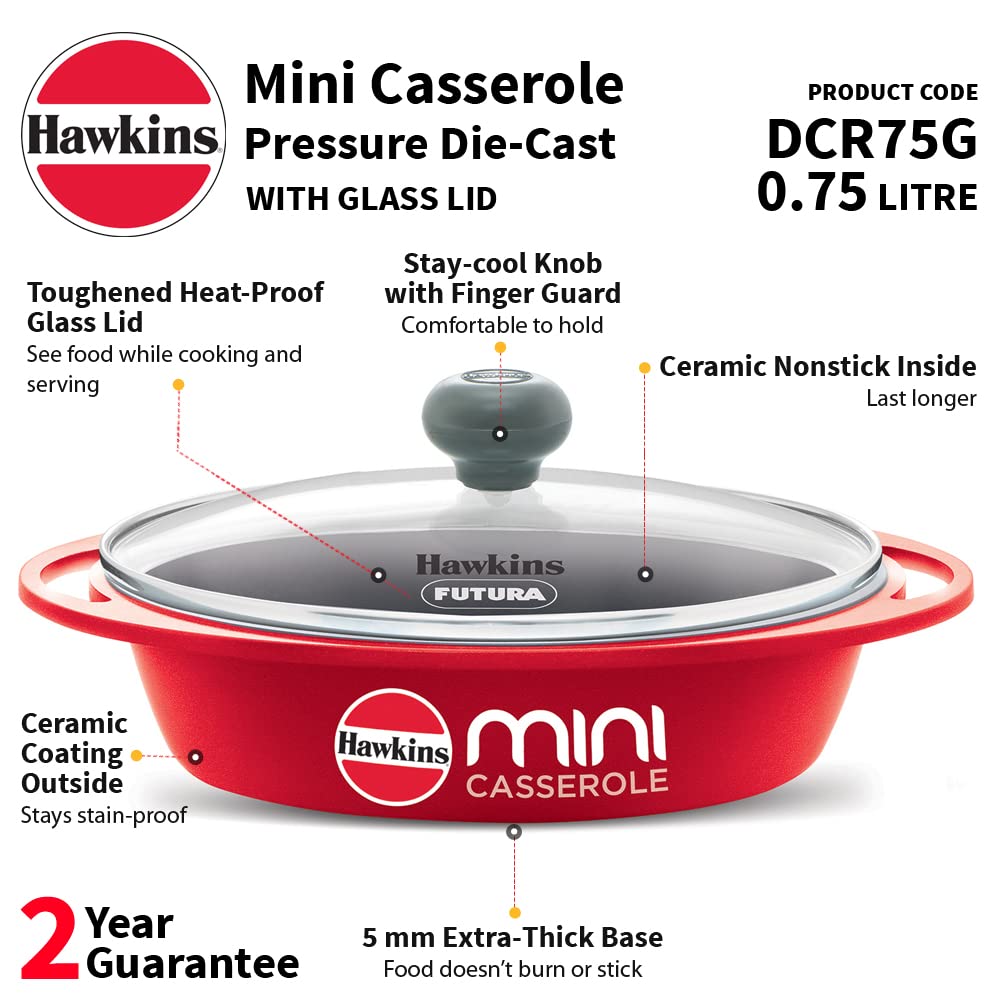 Hawkins Die-Cast Mini Casserole With Glass Lid 0.75 Litres, Oval Shaped Die-Cast pan for Cooking, Reheating, Serving and Storing, Red - DCR75G