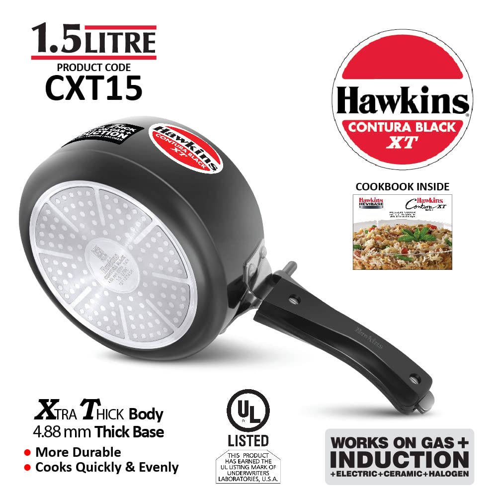 Hawkins Contura Black XT Hard Anodized Inner Lid Pressure Cooker, 1.5 Liters - CXT15