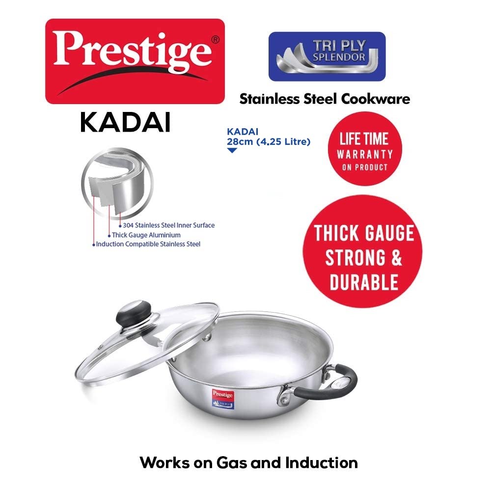 Prestige Splendor Tri-ply Stainless Steel Kadai 220mm | 2.1 Litres - 37423