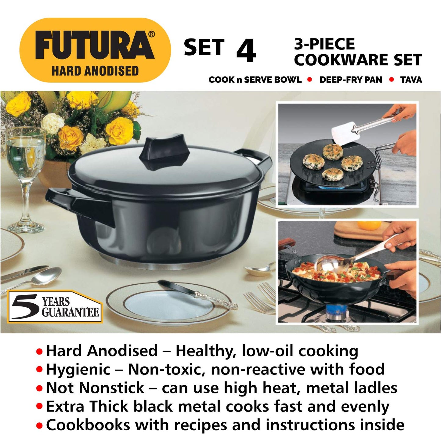 Hawkins Futura 3 Pieces Hard Anodised Cookware Set 4 - 22cm Tava, 2 Litres Cook and Serve Bowl with One Hard Anodised Lid and 1.5 Litres Deep Fry Pan - ASET4