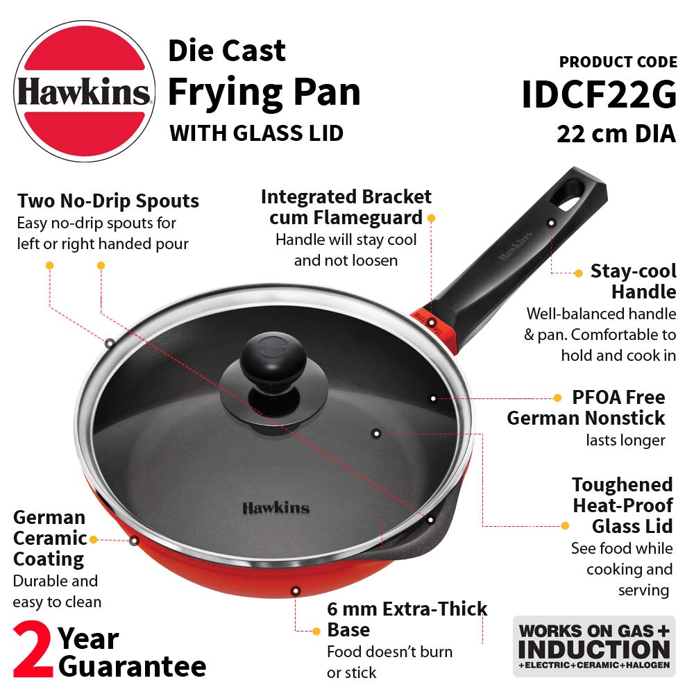 Hawkins Die-Cast Nonstick Induction Base Frying Pan With Glass Lid - IDCF 22G