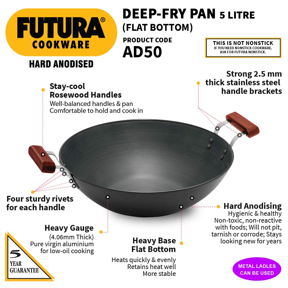 Hawkins Futura Hard Anodised Flat Bottom Deep Fry Pan 5 Litres | 33 cms, 4.06mm - AD 50