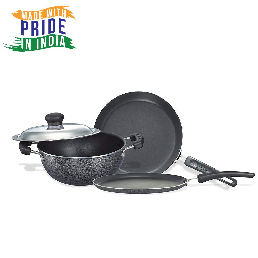 Prestige Omega Select Plus Residue Free Non-Stick Kitchen Set, 3-Pieces (Omni Tawa 27.5cm, Fry Pan 25cm, Kadai With Lid 25cm) - 30735
