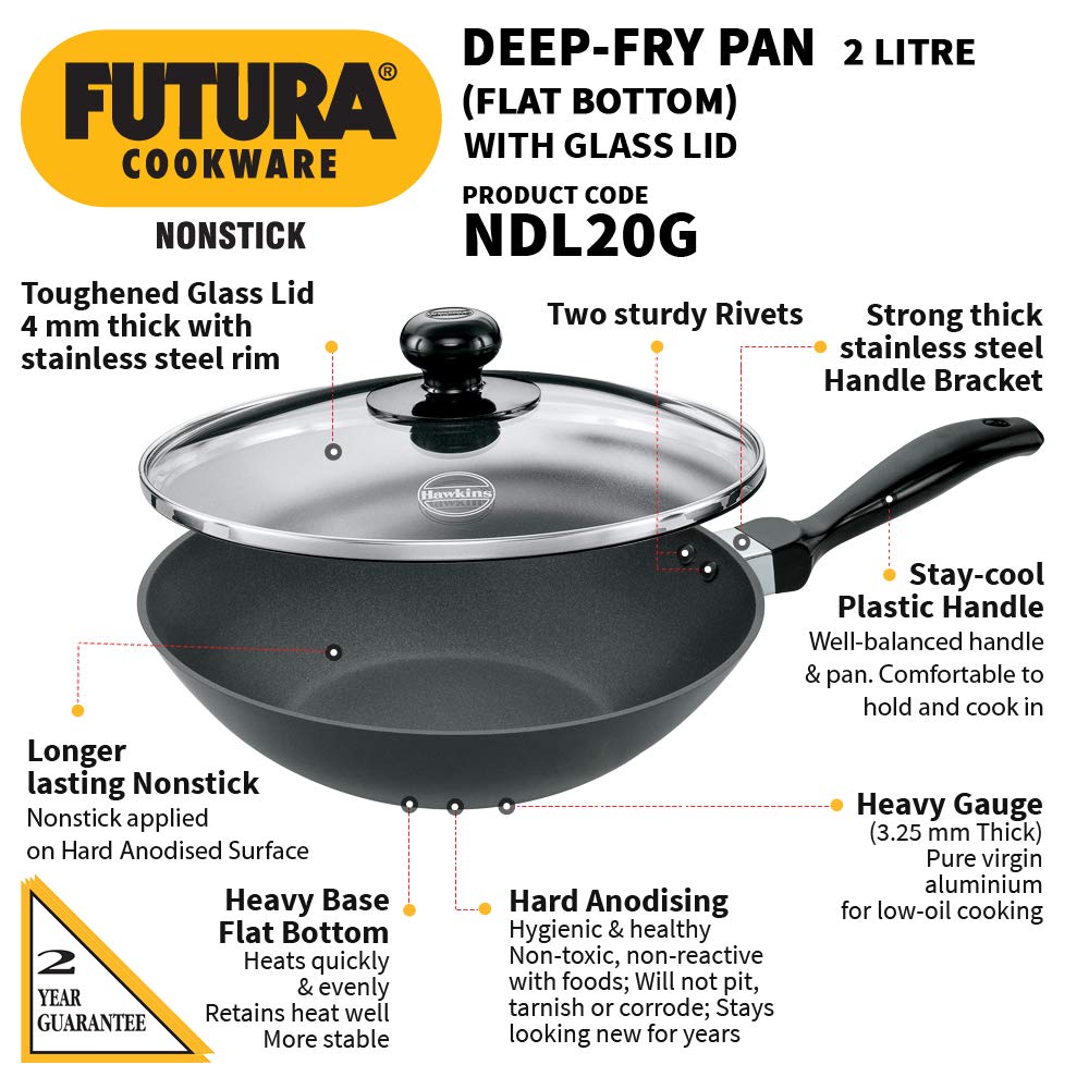 Hawkins Futura Non-stick Flat Bottom Deep Stir Fry Pan With Glass Lid 2 Litres | 26 cms, 3.25mm - NDL 20G