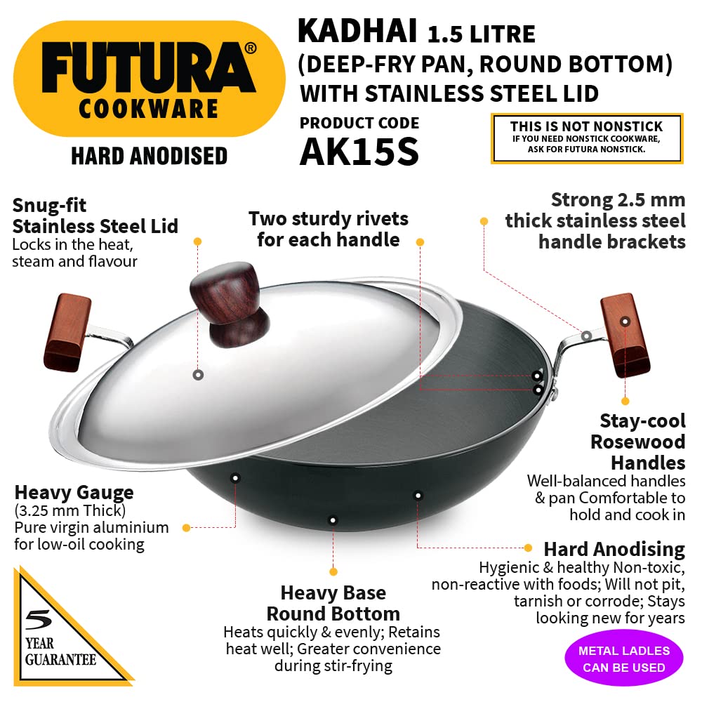 Hawkins Futura Hard Anodised Round Bottom Deep Fry Pan With Stainless Steel Lid 1.5 Litres | 22 cms, 3.25mm - AK 15S