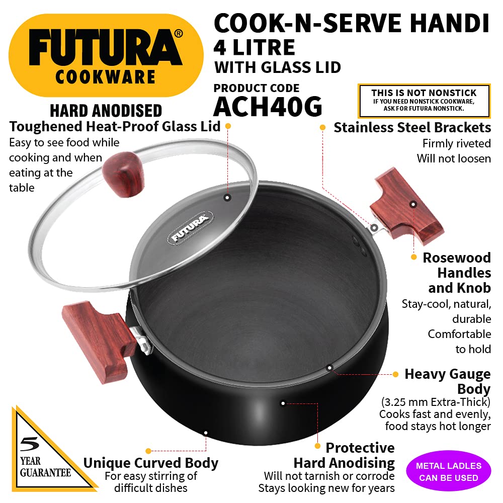 Hawkins Futura Hard Anodised Cook n Serve Handi With Glass Lid 4 Litres | 22cm, 3.25mm - ACH 40G