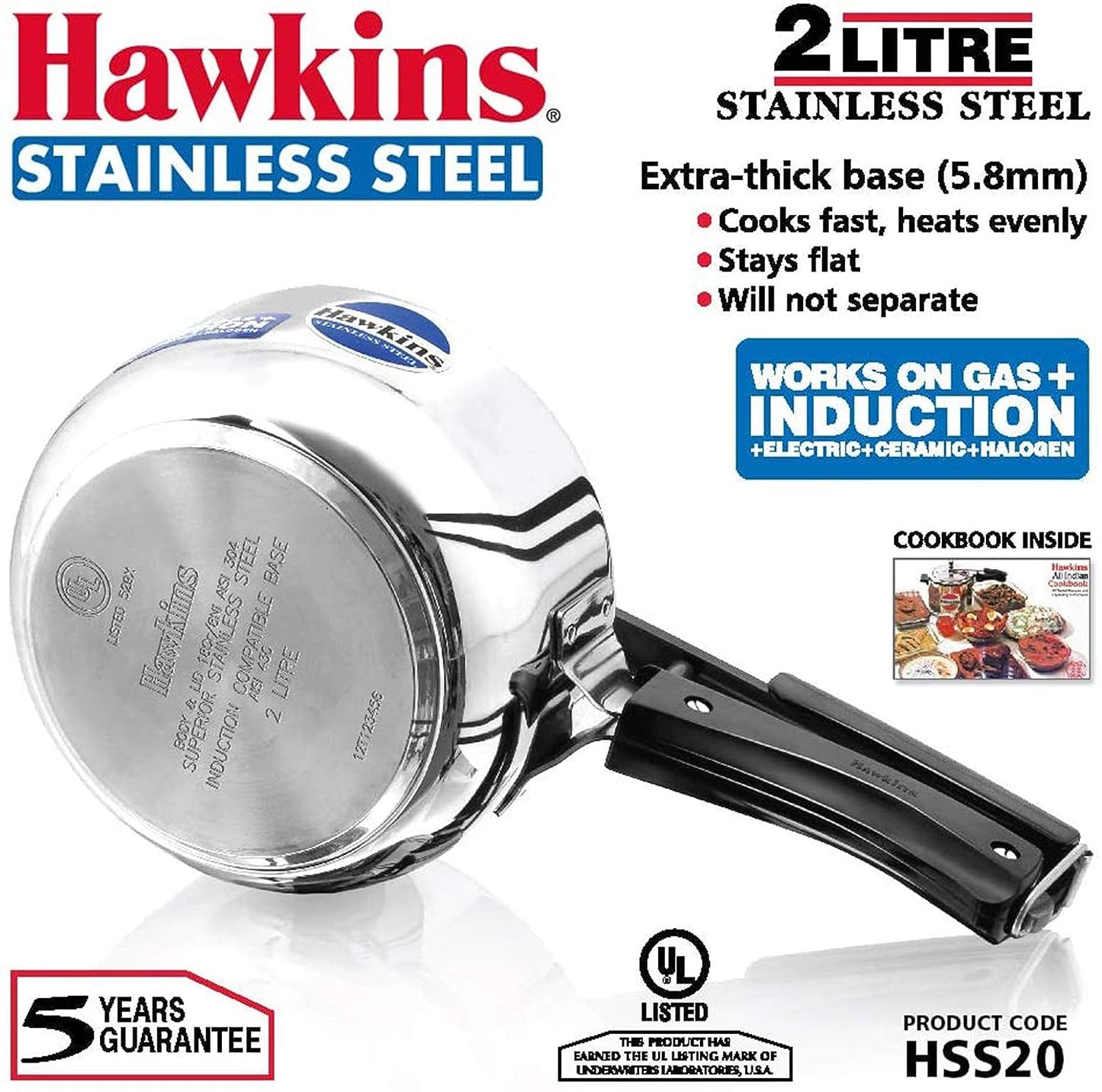 Hawkins Stainless Steel Induction Compatible Inner Lid Pressure Cooker, 2 Litres - HSS20