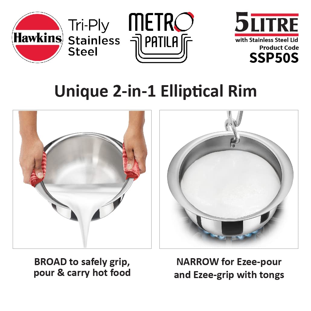 Hawkins 5 Litres Metro Patila, Triply Stainless Steel Tope With Stainless Steel Lid, Induction Bhagona, Tapeli 24.3cms - SSP50S