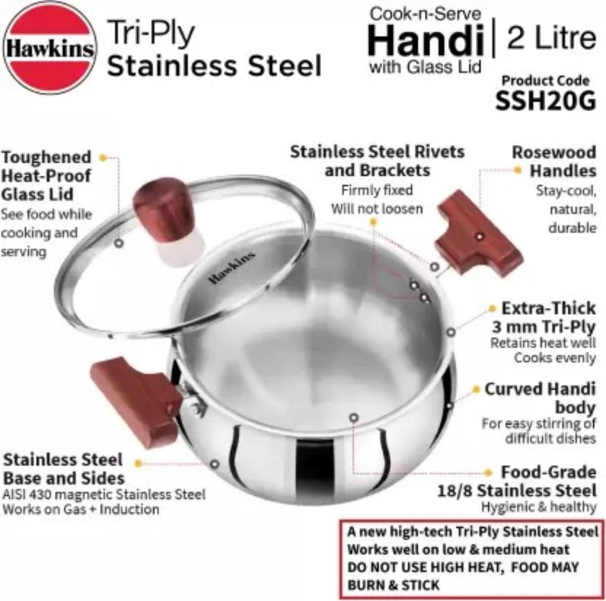 Hawkins Triply Stainless Steel Induction Base Cook n Serve Handi With Glass Lid 2 Litres | 18 cms - SSH 20G