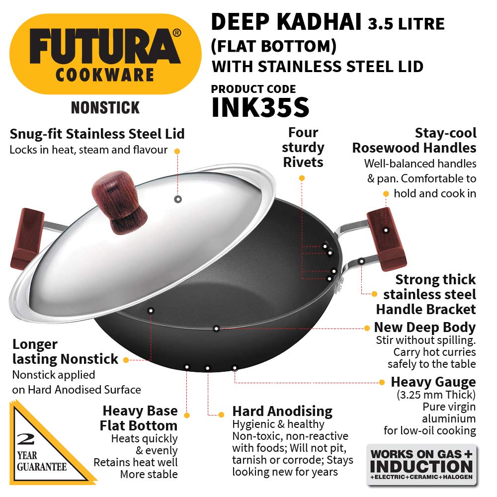 Hawkins Futura Non-stick Flat Bottom Induction Base With Stainless Steel Lid Deep Kadhai, Fry Pan 3.5 Litres | 26 cms, 3.25mm - INK 35S