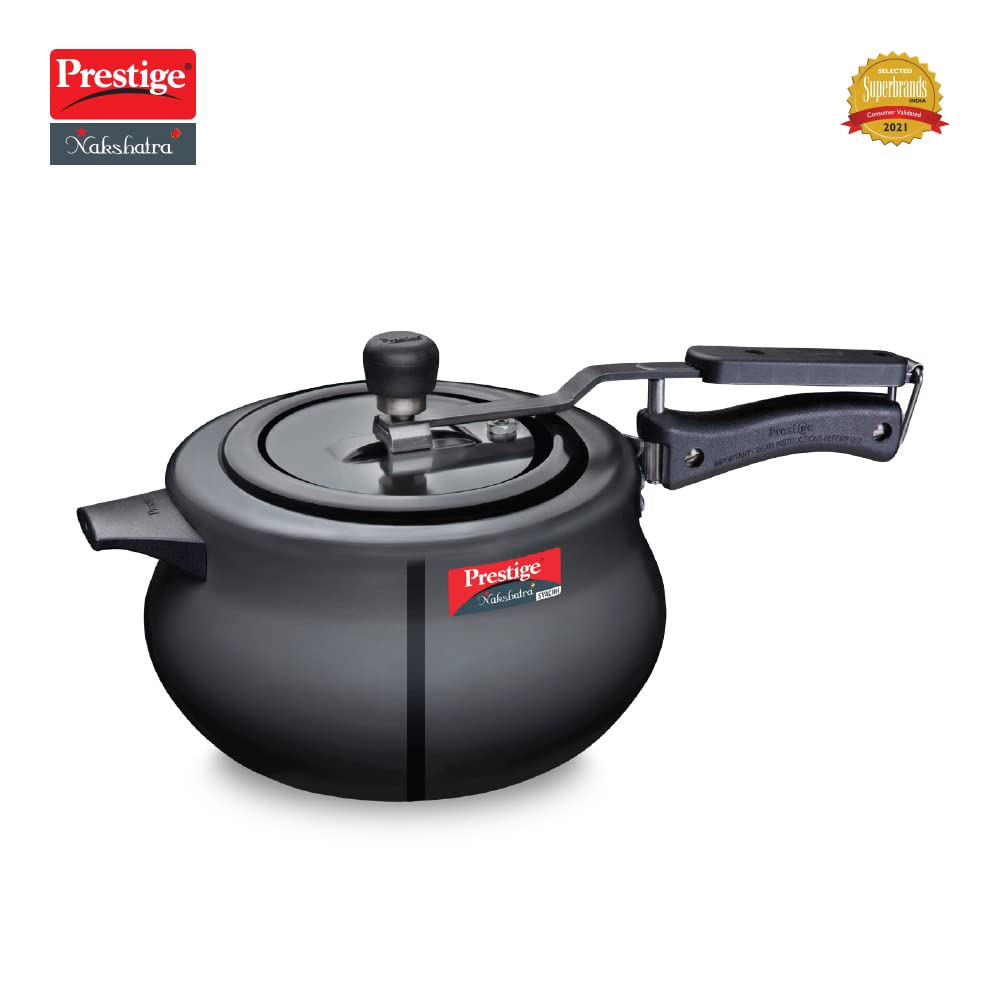 Prestige Nakshatra Plus Svachh Hard Anodised Aluminium Spillage Control Inner Lid Handi Pressure Cooker, 6.5 Litres (Black) - 10762