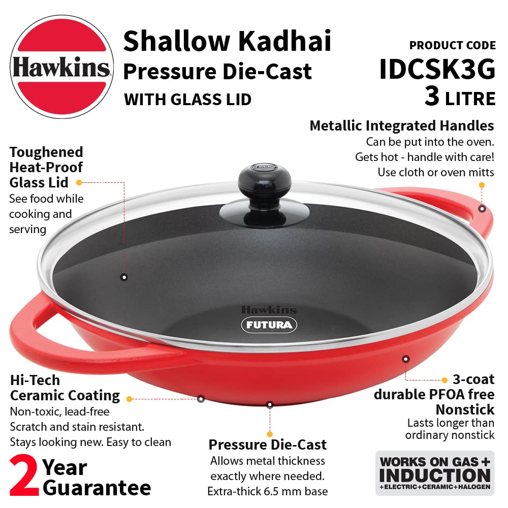 Hawkins Die-Cast Nonstick Induction Base Shallow Kadhai With Glass Lid 3 Litres - IDCSK 3G