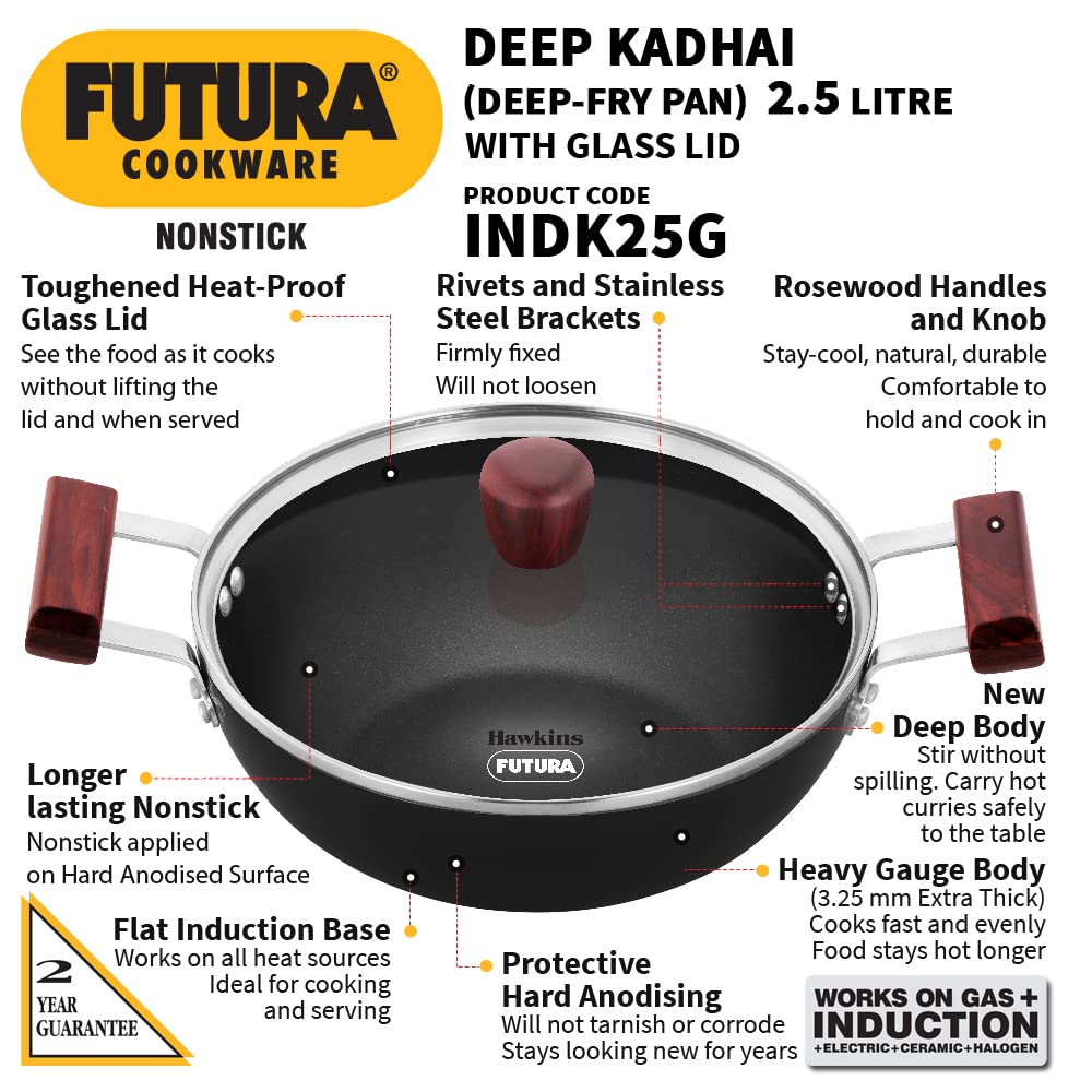 Hawkins Futura Non-stick Flat Bottom Deep Kadhai, Fry Pan With Glass Lid 2.5 Litres | 24 cms, 3.25mm, Induction Base - INDK 25G