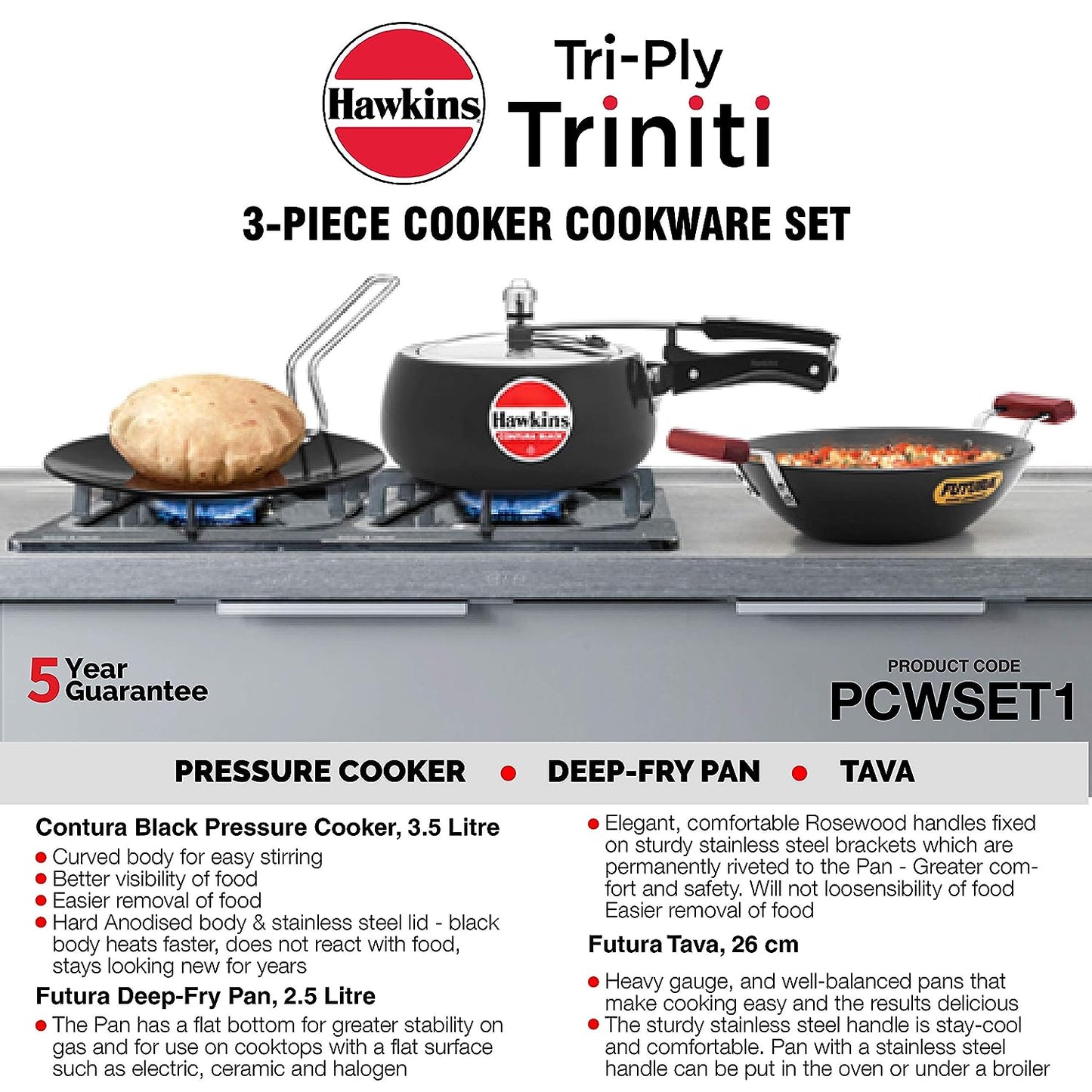 Hawkins Triniti Hard Anodised Aluminium Kitchen Set (26cm Tava, 2.5 Litres Deep-Fry Pan, 3.5 Litres Inner Lid Pressure Cooker) - PCWSET1