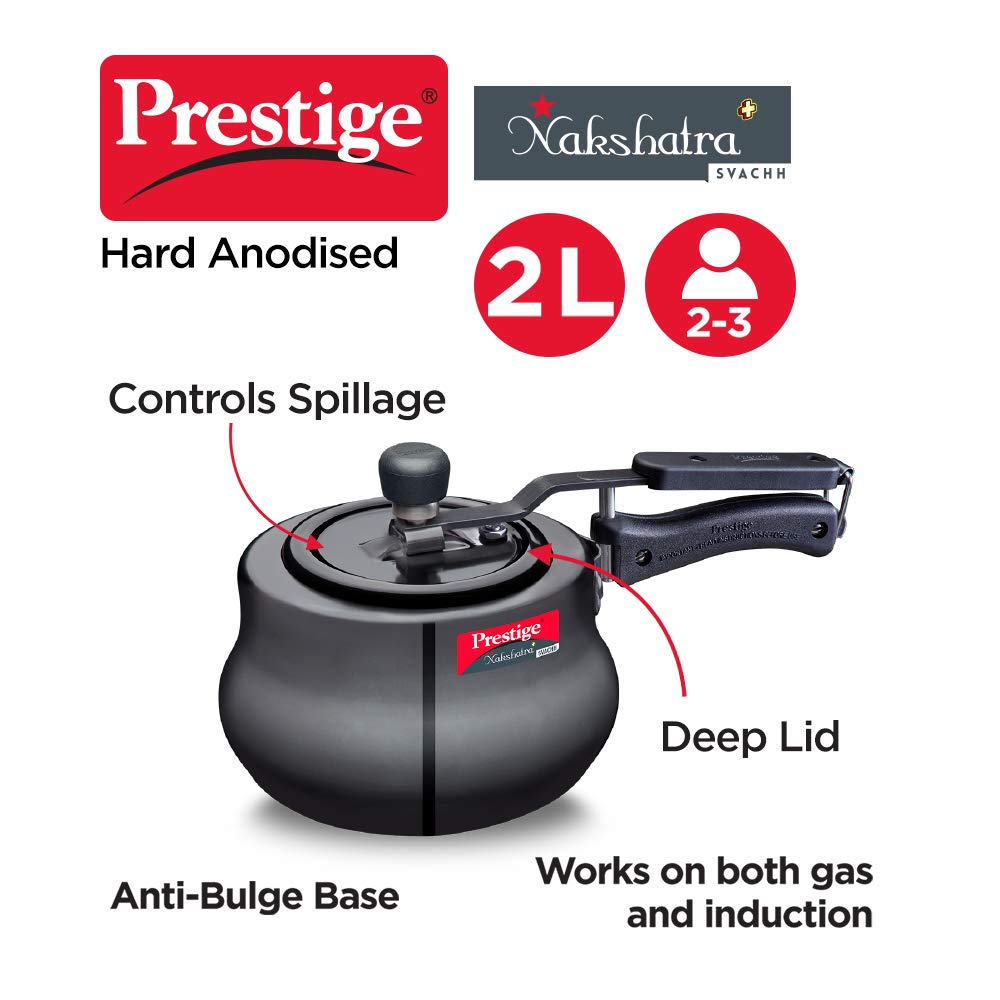 Prestige Svachh 2 Litres Hard Anodised Aluminium Inner Lid Handi, with Deep Lid for Spillage Control, Black - 10759
