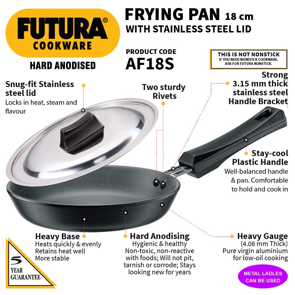 Hawkins Futura Hard Anodised Fry Pan With Stainless Steel Lid 18 cms | 4.06mm - AF 18S