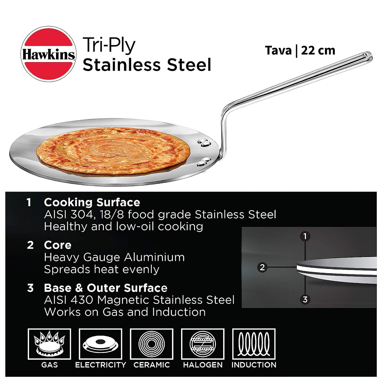 Hawkins Tri-Ply Stainless Steel Tava 22 cm, 3.5mm Induction Compatible - SSTV 22