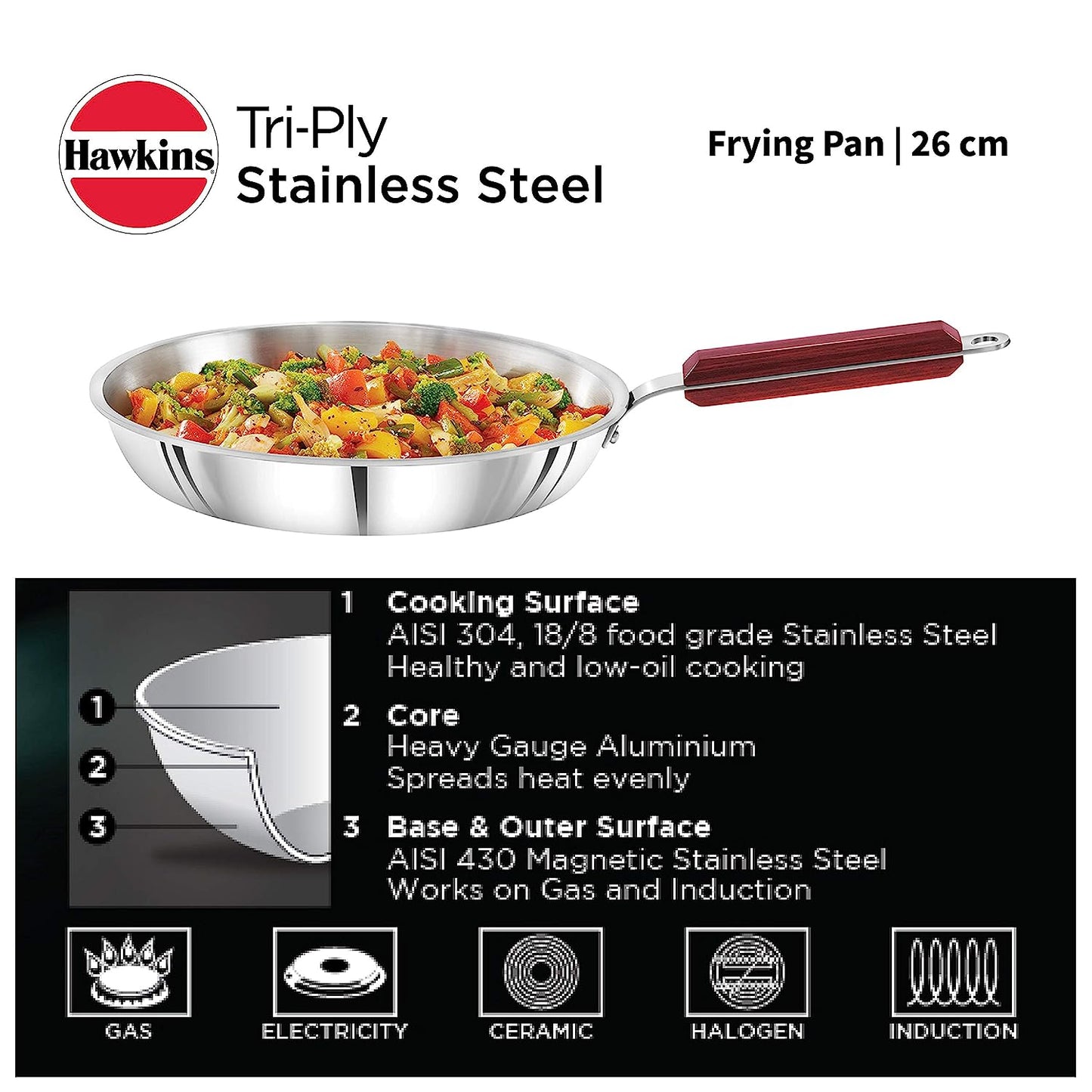 Hawkins Triply Stainless Steel Induction Base Fry Pan 26cm - SSF 26