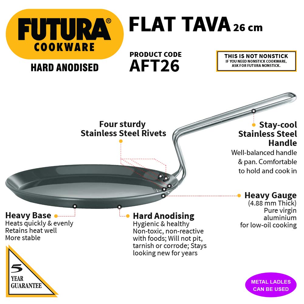 Hawkins Futura Hard Anodised Flat Tava 26 cm, 4.88 mm - AFT26