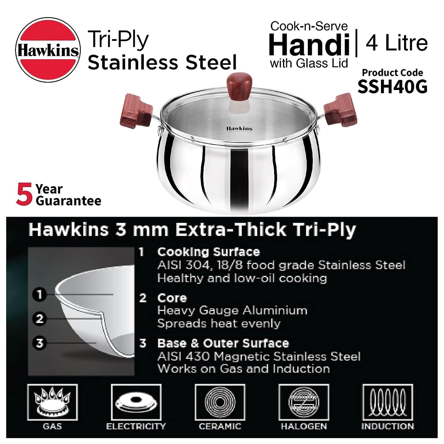 Hawkins Triply Stainless Steel Induction Base Cook n Serve Handi With Glass Lid 4 Litres | 22 cms - SSH 40G