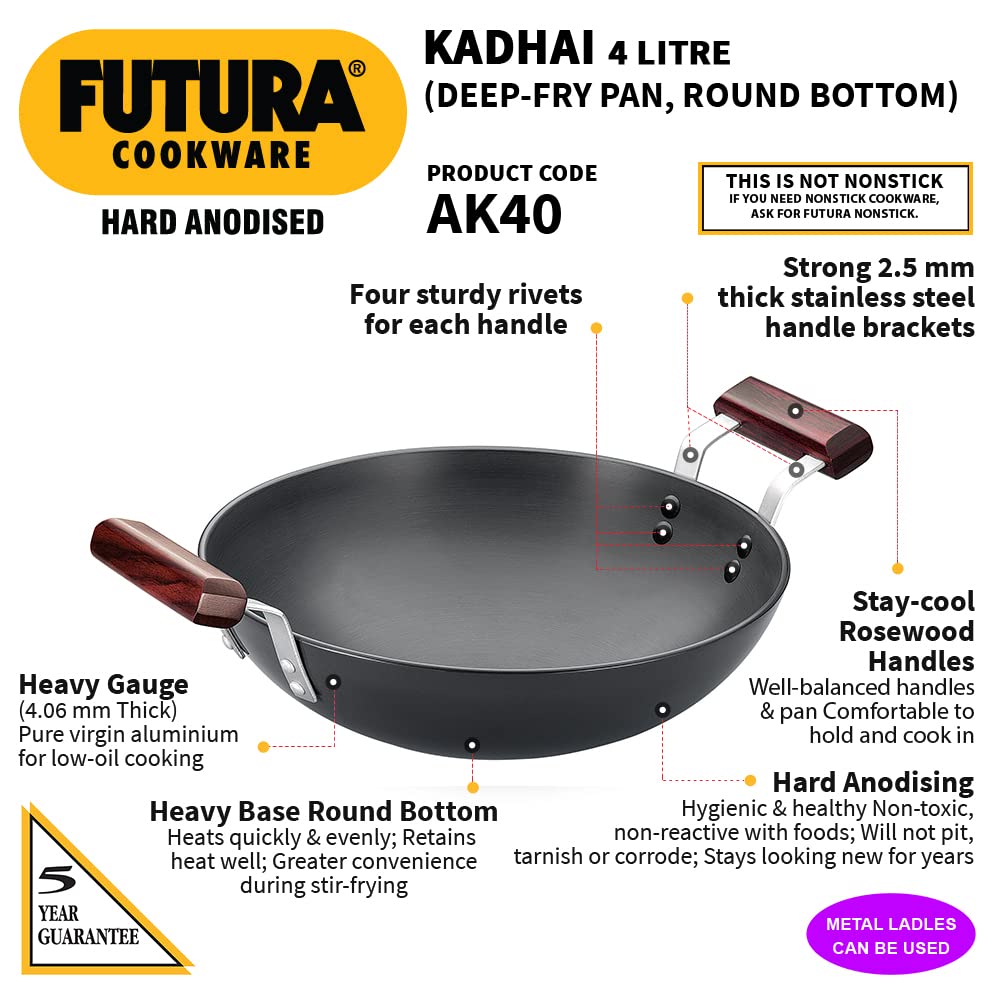 Hawkins Futura Hard Anodised Round Bottom Deep Fry Pan 4 Litres | 30 cms, 4.06mm - AK 40