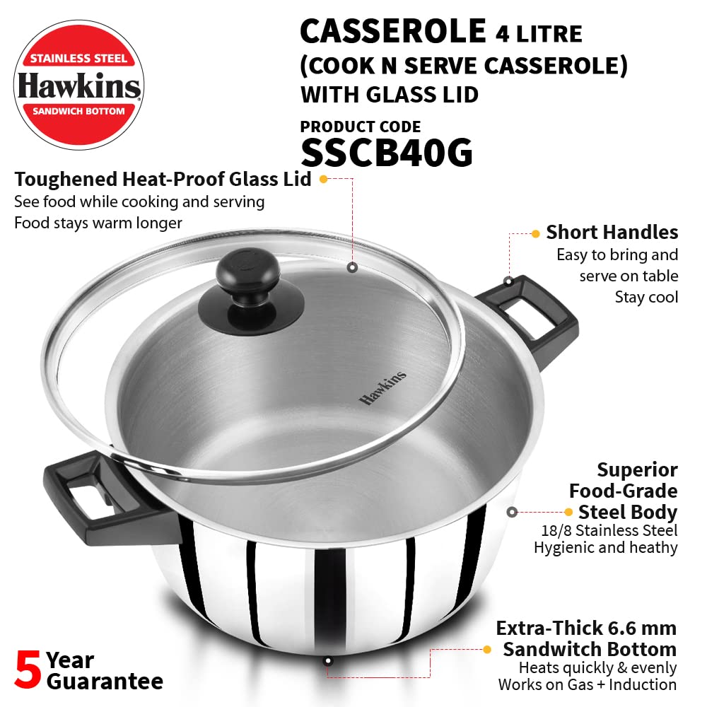 Hawkins 4 Litres Stainless Steel Sandwich Bottom Cook n Serve Casserole with Glass Lid 24cm - SSCB40G
