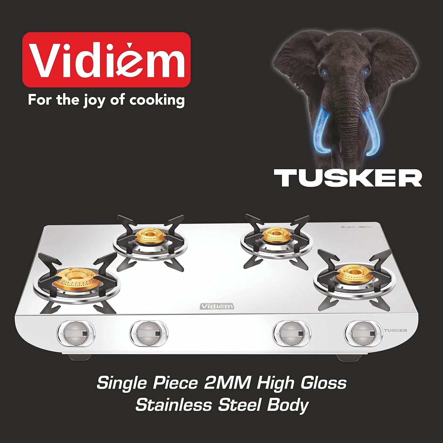 Vidiem Tusker Stainless Steel 4 Burner Glass Top Gas Stove | Manual Ignition