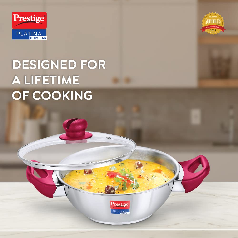 Prestige Platina Popular Stainless Steel Unique Impact Forged Bottom Kadai with Glass Lid 200mm - 36884