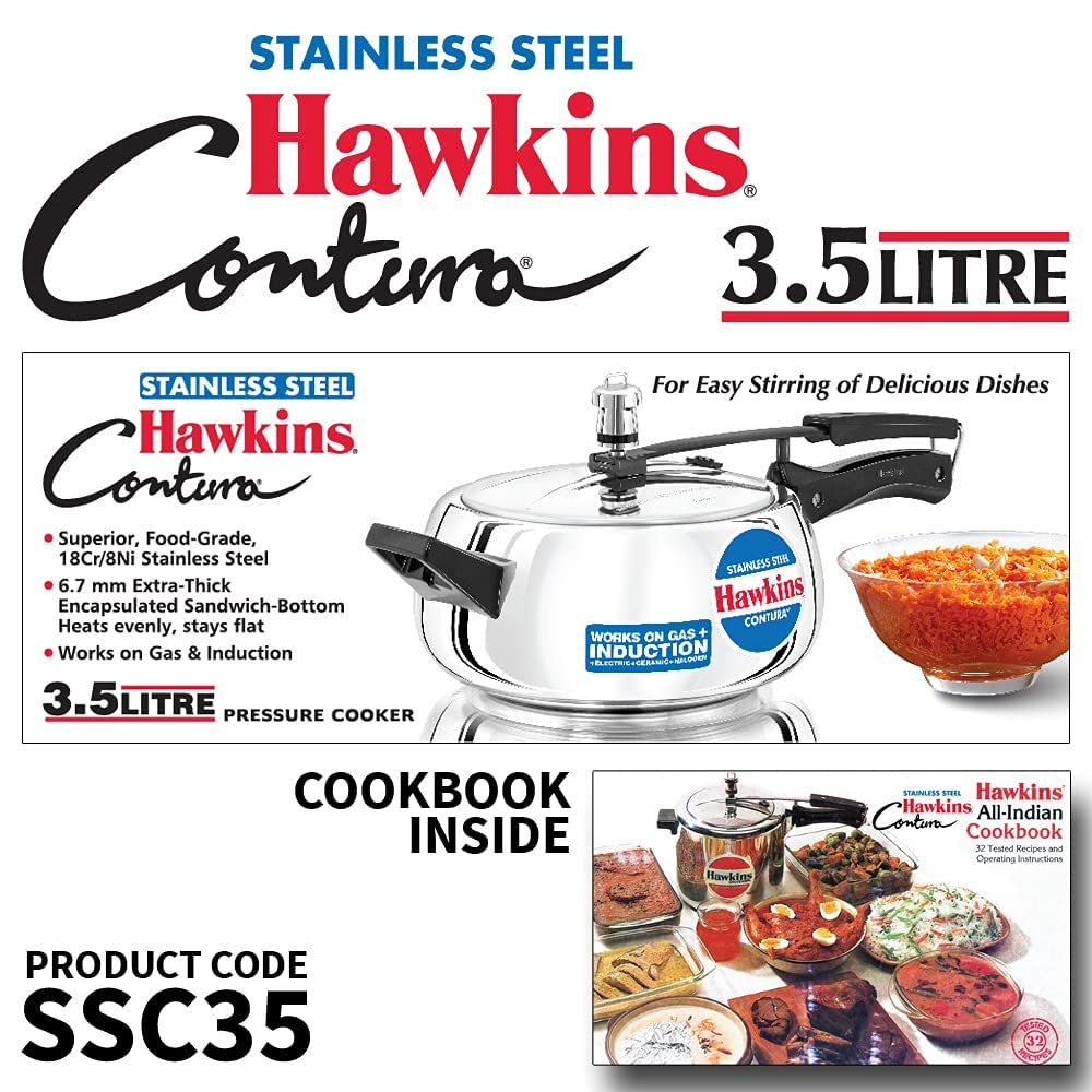 Hawkins Stainless Steel Contura Induction Compatible Inner Lid Pressure Cooker, 3.5 Litres - SSC35